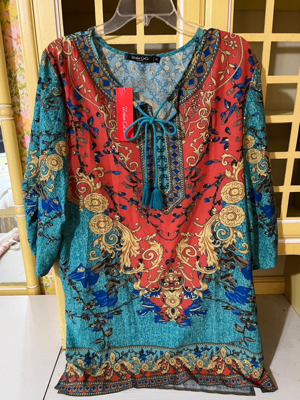Urban Co. Teal & Red Printed Tassel Tunic